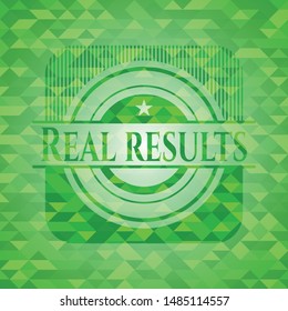 Real results green emblem with triangle mosaic background. Vector Illustration. Detailed.