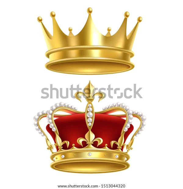 本物の王冠 白い背景に帝国の金の高級王国の中世の紋章と紋章の分離型のリアルなベクター画像の優雅なクラウニングキングビンテージセット のベクター画像素材 ロイヤリティフリー