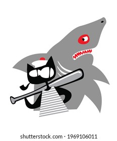 A real sailor. Sea cat. A cat with a baseball bat had just given a kick to a great white shark. Vector image for illustrations, posters, prints, logo.