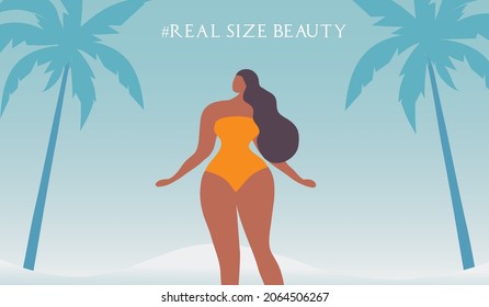 Real size beauty concept, beautiful woman is happy with her real body vector illustration