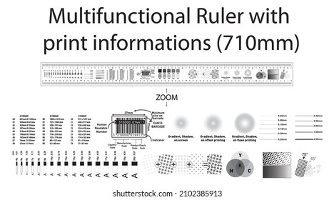 Real size of multifunctional Ruler with print informations 710mm, barcode with all information, paper size format, thickness of line and text, gradient and more