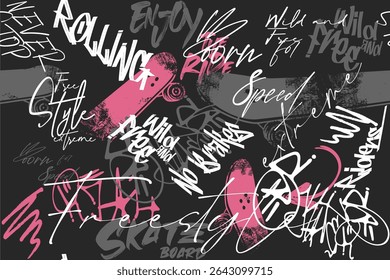 real skateboarder, art tees, graffity sakate slogan, Street art graffiti seamless pattern, skater abstract seamless grunge pattern. Urban style with skateboards and graffiti words.eps8