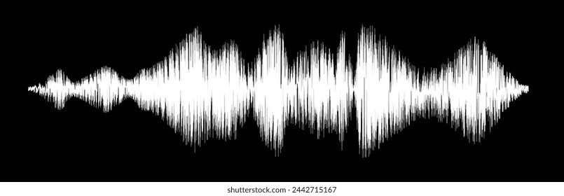 Real sound wave pattern. Audio waveform for radio, podcast, music record, video, social media. Black background.