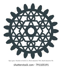 Real spur gear with a decorative pattern. For laser cutting or 3D printing.