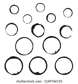 Real stains from cups of tea and coffee. Big vector set. Black isolated od white background. Eps 10.