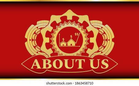 Real state business icon and About us text Gold and Red color badge. Traditional classic background. Intense illustration. 