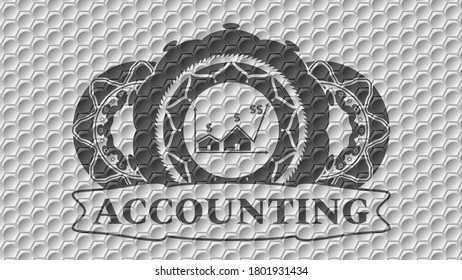 Real state business icon and Accounting text grey shiny geometric style pattern realistic emblem. Trendy graceful background. Vector illustration. 