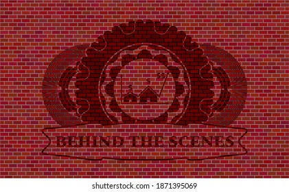 Real state business icon and behind the scenes text red brick stone wall realistic badge. Tiles graceful background. Intense illustration. 