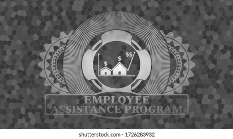 Real State Business Icon And Employee Assistance Program Text Grey Color Stone Wall Badge. Rock Exquisite Background. Artistic Illustration. 