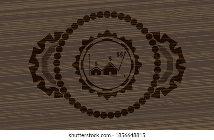 Real state business icon inside wood realistic emblem. Brown luxurious background. Artistic illustration. 