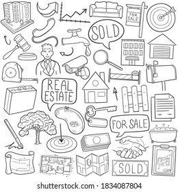 Real State doodle icon set. Sale House Vector illustration collection. Business Hand drawn Line art style.