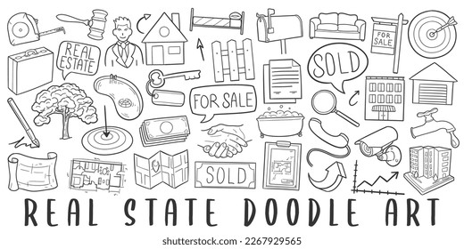 Real State Doodle Icons. Hand Made Line Art. Building Business Clipart Logotype Symbol Design.