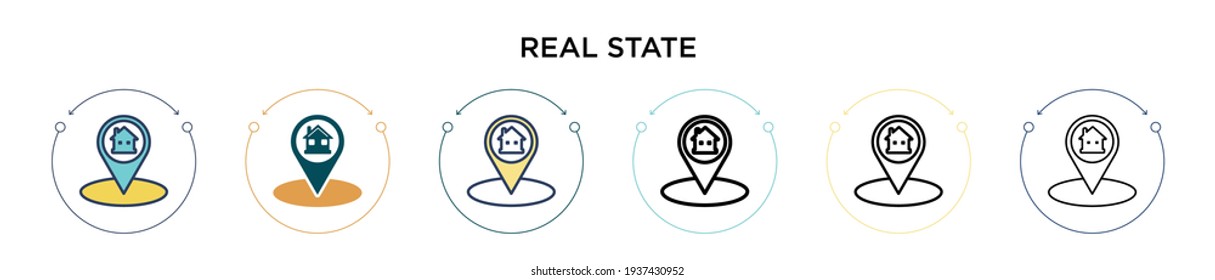 Real state icon in filled, thin line, outline and stroke style. Vector illustration of two colored and black real state vector icons designs can be used for mobile, ui, web