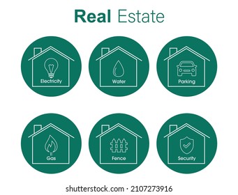 Real State Icon Set Strom, Wasser, Parkplatz, Gas, Zaun, Sicherheit alle Vektorgrafik
