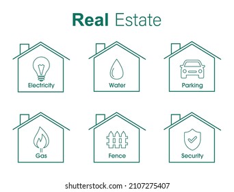 real state icon set electricity, water, parking, gas, fence, security all vector line art