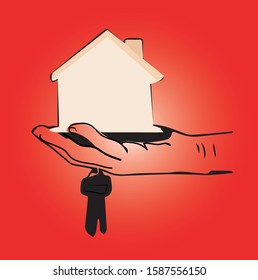 Real state logo design idea. vector design. house in hands with keys.