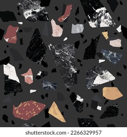 Real stone texture terrazzo seamless pattern. Natural stone, dart gray and black color, isolated vector artwork.