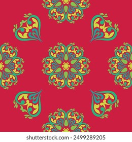 Echtes Tatarisches nahtloses Muster. Islamische Tulpe, florale Geometrie. Kultur des tatarischen Volkes, Symbole von Grün und Rot