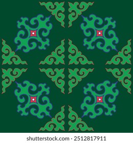 Echtes Tatarisches nahtloses Muster. Islamische Tulpe, florale Geometrie. Kultur des tatarischen Volkes, Symbole von Grün und Rot