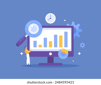 real time analytics concept. the process of collecting data as it becomes available and analyzing it in real time. illustration of a data analyst analyzing and processing data. flat style design