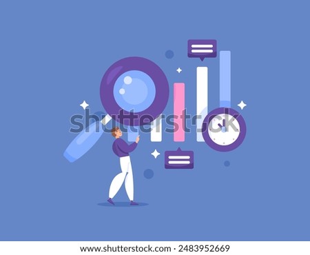 real time analytics concept. the process of collecting data as it becomes available and analyzing it in real time. illustration of a data analyst analyzing and processing data. flat style design