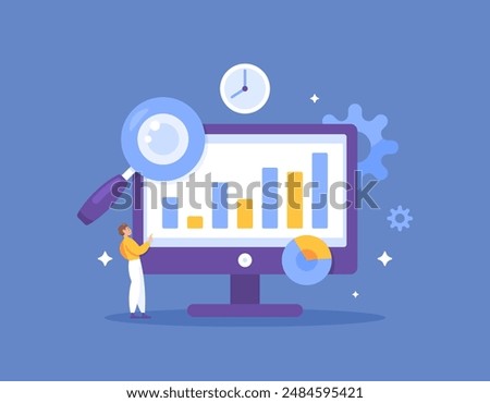 real time analytics concept. the process of collecting data as it becomes available and analyzing it in real time. illustration of a data analyst analyzing and processing data. flat style design