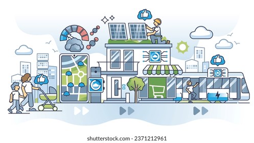 Real time carbon emission data monitoring and CO2 tracking outline concept. Smart city feature for air quality management to avoid carbon dioxide gas pollution vector illustration. Green urban scene.