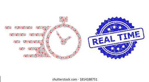 Real Time corroded seal print and vector recursive collage time. Blue stamp seal has Real Time text inside rosette. Vector collage is composed from repeating rotated time items.