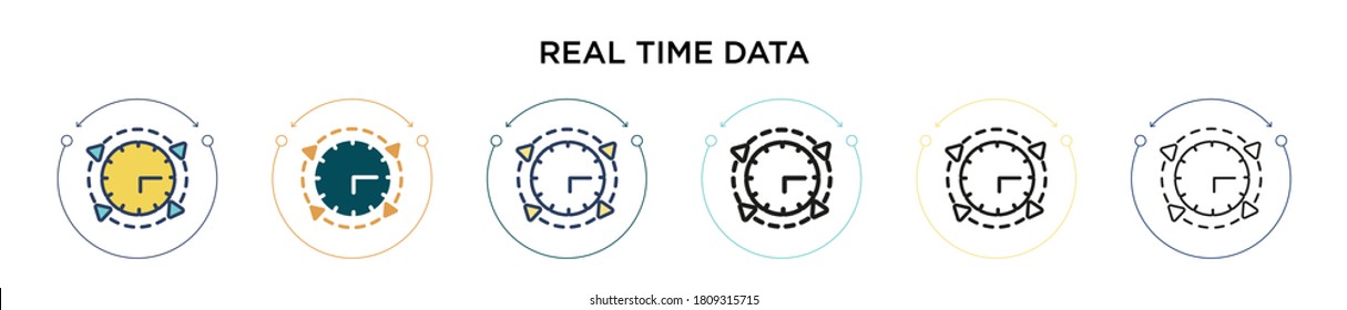 Real time data icon in filled, thin line, outline and stroke style. Vector illustration of two colored and black real time data vector icons designs can be used for mobile, ui, web