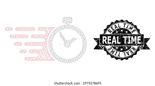 Real Time dirty stamp and vector time mesh model. Black stamp contains Real Time caption inside ribbon and rosette. Abstract 2d mesh time, designed with triangular grid.