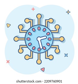 Real time icon in comic style. Clock vector cartoon illustration on white isolated background. Watch business concept splash effect.