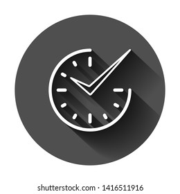 Real time icon in flat style. Clock vector illustration on black round background with long shadow. Watch business concept.