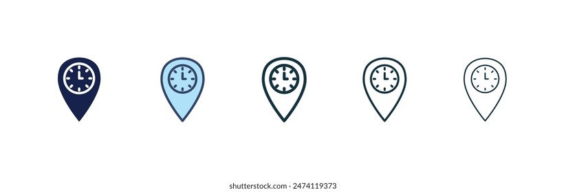 Real time location icon set. present place position pin vector symbol. current location sign in black filled and outlined style.