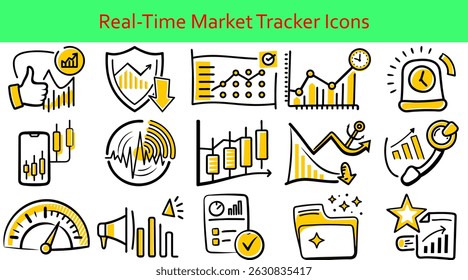 Real Time Market Tracker Icon Set, Ferramentas de Análise de Mercado Ícones Candlestick Dollar Exchange