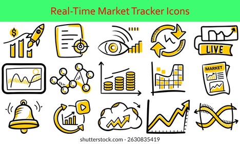 Real Time Market Tracker Icon Set, Live Market Data Icons Candlestick Chart Dollar Sign Moeda Câmbio