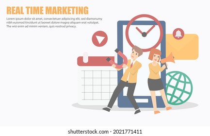 Real time marketing,leader in content viral in social media,connect customer with product or service they need in moment,Create trends and opportunities from feedback and respond.vector illustration.