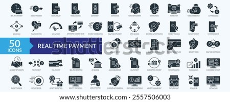 Real time payment icon collection set with digital wallet, mobile banking, qr payment, fraud detection, virtual card
