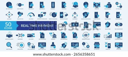 Real time payment icon collection set with digital wallet, mobile banking, fraud detection, virtual card