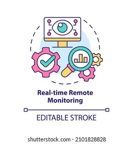 Icono de concepto de monitoreo remoto en tiempo real. Controlar sistemas de forma remota abstracta idea de la ilustración de línea delgada. Dibujo de contorno aislado. Trazo editable. Fuentes Roboto-Medium, Myriad Pro-Bold utilizadas