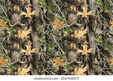 Real Tree Camouflage for hunting shirt. Forest real tree hunting camouflage seamless pattern design for military and hunting uniform. Hunting camouflage