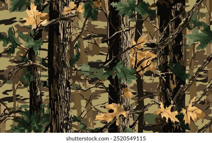 Real tree forest camouflage seamless pattern design pattern for hunting and military uniform. Hunting camouflage