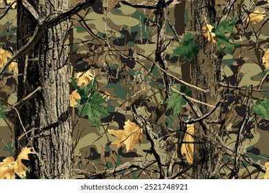 Real tree forest camouflage seamless pattern design pattern for hunting and military uniform. Hunting camouflage