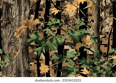 Real tree forest camouflage seamless pattern design pattern for hunting and military uniform. Hunting camouflage 