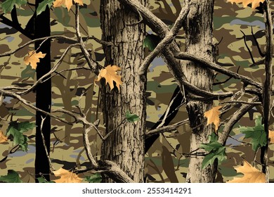 Real tree forest camouflage seamless pattern design pattern for hunting and military uniform. Hunting camouflage