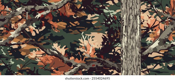 Real tree forest camouflage seamless pattern design pattern for hunting and military uniform. Hunting camouflage