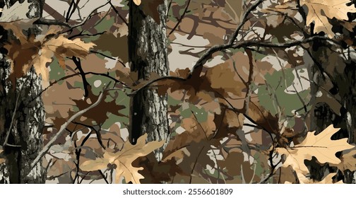 Real tree forest camouflage seamless pattern design pattern for hunting and military uniform. Hunting camouflage