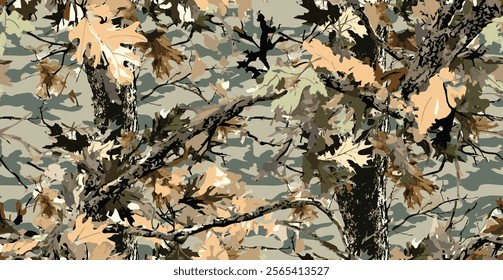 Real tree forest camouflage seamless pattern design pattern for hunting and military uniform. Hunting camouflage. Camouflage background
