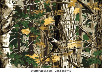 Real tree forest camouflage seamless pattern design pattern for hunting and military uniform. Hunting camouflage. Camo pattern