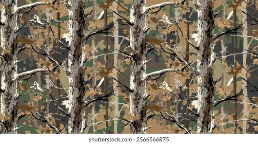 Real tree forest camouflage seamless pattern design for hunting and military uniform. Hunting camouflage background texture