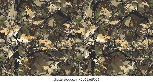 Real tree forest camouflage seamless pattern design pattern for hunting and military uniform. Hunting camouflage background. Vector camouflage texture